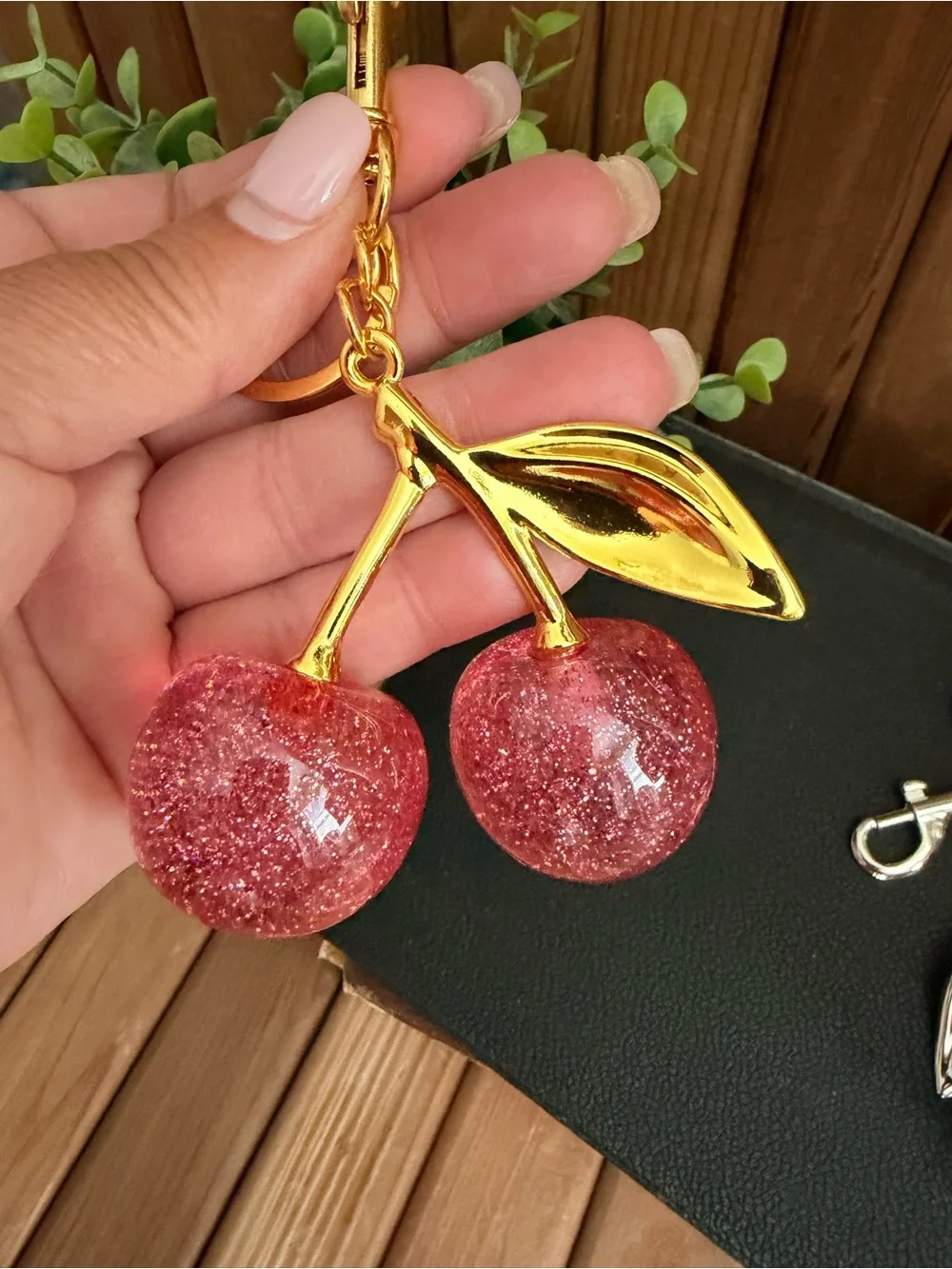 Cherry Glitter Keychains: Choice of (1) One in Blue Red or Pink